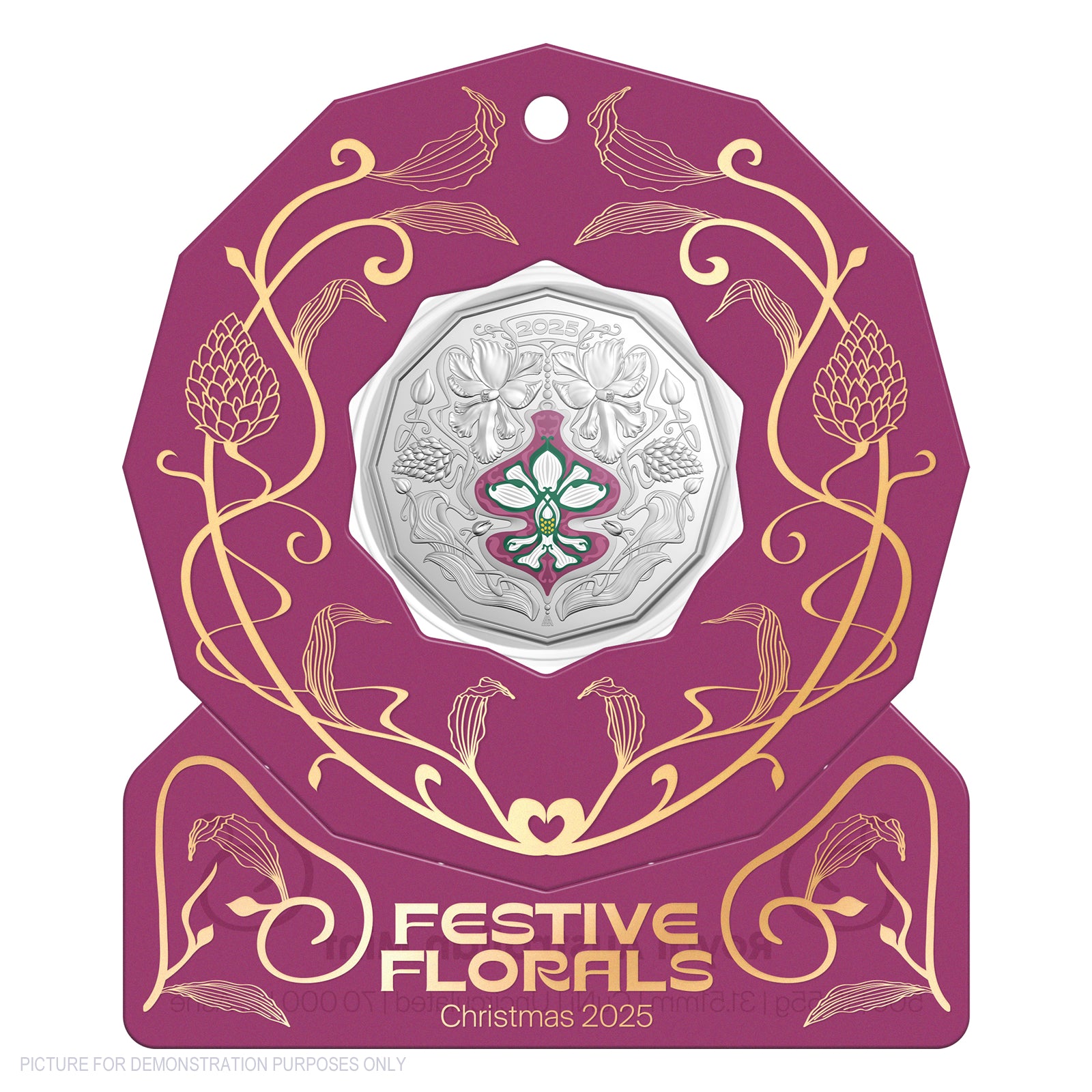 2025 RAM 50c Coloured Uncirculated Coin - Christmas Festive Florals - PURPLE Packaging